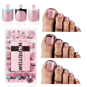 French Tip Toe Nail Press Ons, 180pcs Toenails Sharp Square for Women, Pre-Designed Soft Gel Thick False Toenail Extension, Pink Blue Black French Tip Full Cover Acrylic Nails 15 Sizes