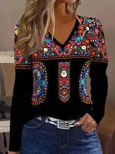 【Plus Size】Women's Long Sleeve Loose Fit Geometric Pattern Top, Comfortable Daily Wear Casual Blouse, Tiktok Trendy Ethnic Style