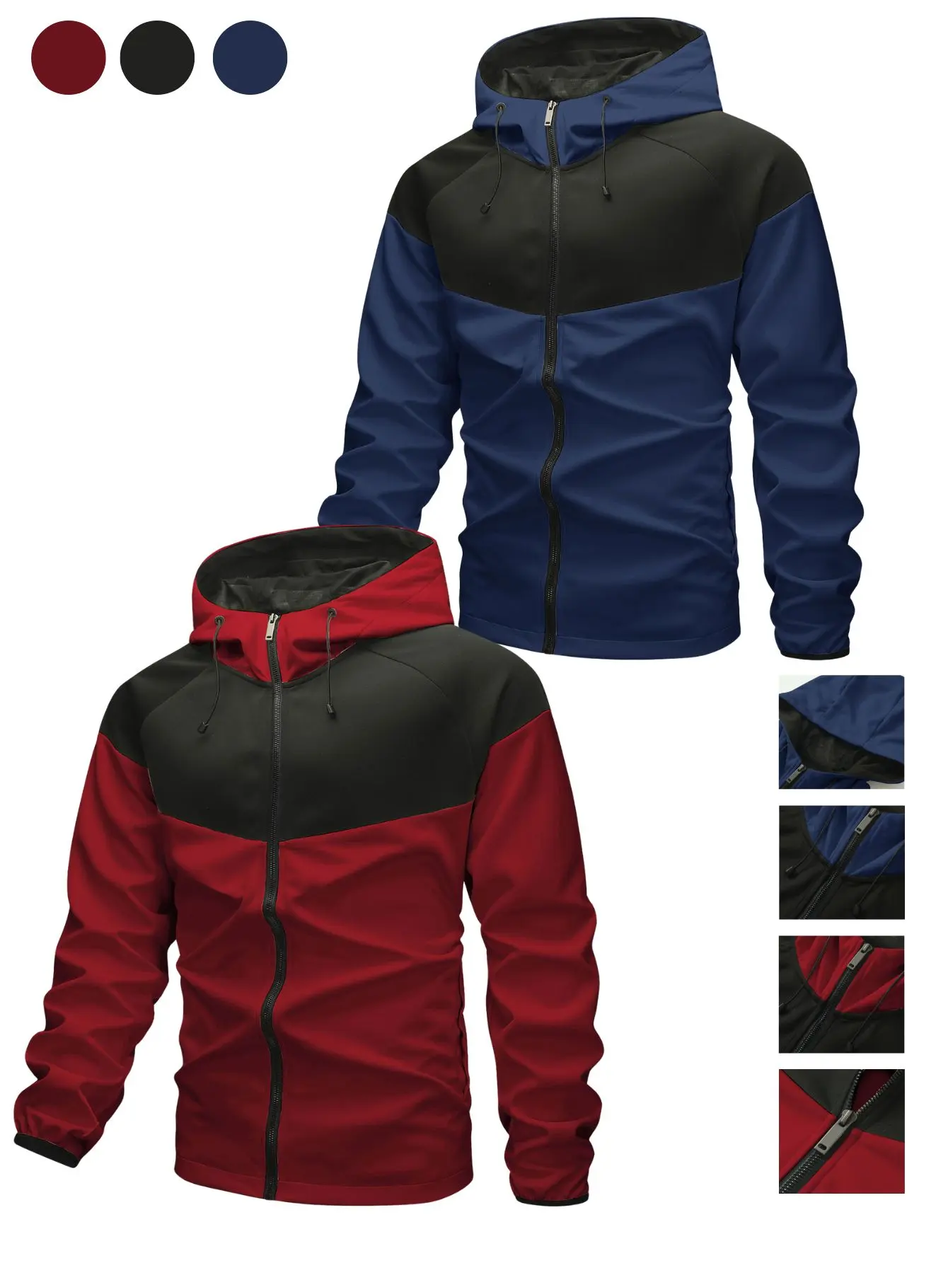 Men’s full-zip hooded jacket featuring adjustable hood drawstring at both ends, raglan sleeves, color-block panel design, elastic cuffs, smooth woven fabric—ideal for everyday commuting and outdoor casual wear.