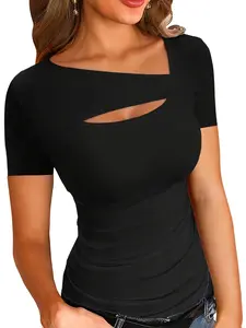 Women's Plain Cut Out Asymmetrical Neck Tee, Casual Chic Minimalist Short Sleeve T-Shirt for Daily Wear, Ladies Clothes for All Seasons, Womenswear