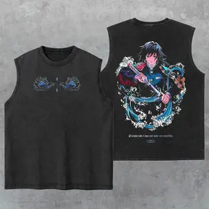 Demon Slayer Anime Tomioka Giyuu Graphic Washed Tank Top, Gym Essential, Vintage Casual Crewneck Short Sleeves Menswear T-shirts Classic Cotton Fabric Streetwear