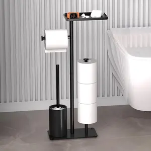 Modern Free-Standing Toilet Paper Holder with Storage Shelf and Toilet Brush, Space-Saving Tissue Rack for Bathroom, Multi-Functional Bath Accessories, Toilet Paper Dispenser