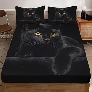 3pcs Dark Cat Print Bed Cover Set for Stylish Bedroom Decor, Includes One Bed Cover and Two Pillowcases, Cozy and Romantic Bedding Set, Sheet Set, Decorative Bedsheet Sets