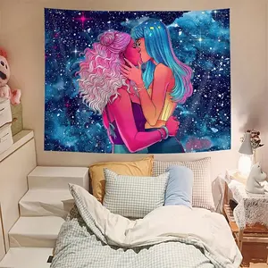 Romantic Cosmic Love‑Themed Art Tapestry with an ethereal dreamy starry‑sky design infused with LGBTQ pride elements. It exudes a gentle and soothing vibe, features soft and skin‑friendly fabric, and is specially crafted as wall decor for indoor bedrooms.