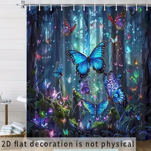 1pc 2D Flat 70.87inch*70.87inch Vibrant Blue Forest Butterfly Bathroom Shower Curtain with Hooks - Animal Print, And Seasonless