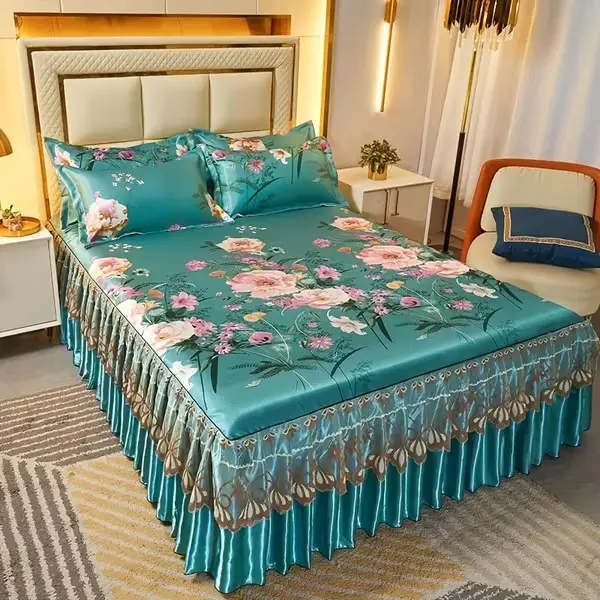 3PCS Cooling Ruffle Bed Skirt Set - Double Layer Ice Silk Cool Mat with Pillowcases, 360 Full Wrap Breathable Bed Cover, Washable Summer Bedding Set