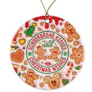 Gingerbread Kisses Christmas Ornament - Holiday Decor - Gingerbread House Christmas Wishes Ornament Ceramic Ornament - 3 Inch Christmas Tree Round Ornament - Xmas Holiday Decor - String Included - ORNW0152