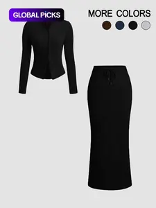 Two-piece Set Women's Lady Solid Color Knitted Button Front Long Sleeve Fitted Top & Skirt, Elegant Feminine Basic Fashion Everyday Casual Outfits for Daily Outdoor Wear, Women Clothing for Spring & Fall, Suits, Womenswear