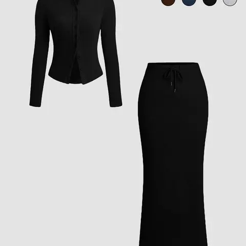 Two-Piece Set Women's Solid Color Knitted Fabric Button Front Long Sleeve Fitted Top & Skirt, Casual Everyday Outfit for Daily Outdoor Wear, Women Clothing for Spring & Fall