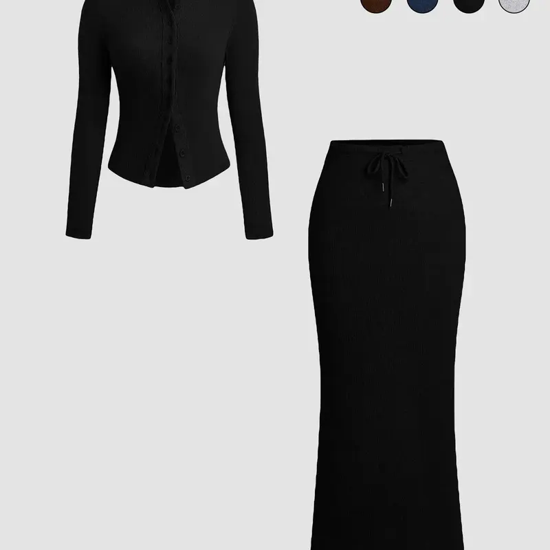 Two-Piece Set Women's Solid Color Knitted Fabric Button Front Long Sleeve Fitted Top & Skirt, Casual Everyday Outfit for Daily Outdoor Wear, Women Clothing for Spring & Fall