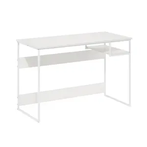 MORETTI Solid White Compact Cabinet Desk - 45-in Minimalist Modern Style Office Desk with Open Shelf Storage, Metal Frame for Dorm, Home Office, Compact Cabinet Desks, Minimalist Modern Desks