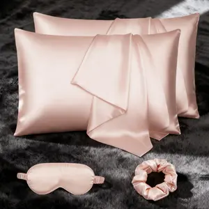 Polyester Satin Pillowcase Set, Including Coreless Pillowcases, Hair Scrunchies and Eye Masks, Made of Soft and Breathable Polyester Material,  Perfect Gift