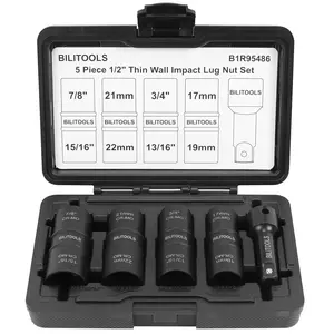 Lug Nut Impact Socket Set, 1/2 inch Drive Flip Socket Set Metric 17-19 - 21-22 mm & SAE 3/4-13/16-7/8-15/16 inch, Cr-Mo Thin Wall Wheel Protector Nut Socket