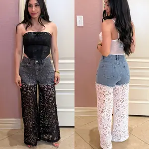 Jake Lace-spliced pants with stretch denim rhinestone shorts