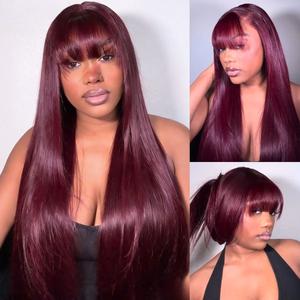 SPOU 99j Burgundy Straight Lace Front Wig 180% Density 13x4 HD Transparent Lace Human Hair with Bangs Easy Install Natural Hairline Scalp Friendly for Beginners