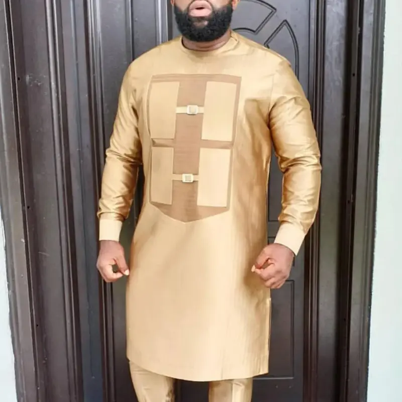 Men's 2-Piece Casual Suit, Ethnic Printed Polyester Blend Co-ord Set with Long Sleeve Top and Trousers, Menswear, Fabric