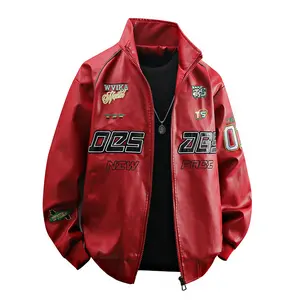 Men's White Racing Style Graphic Jacket, Stand Collar Streetwear Casual Zip-Up Outerwear