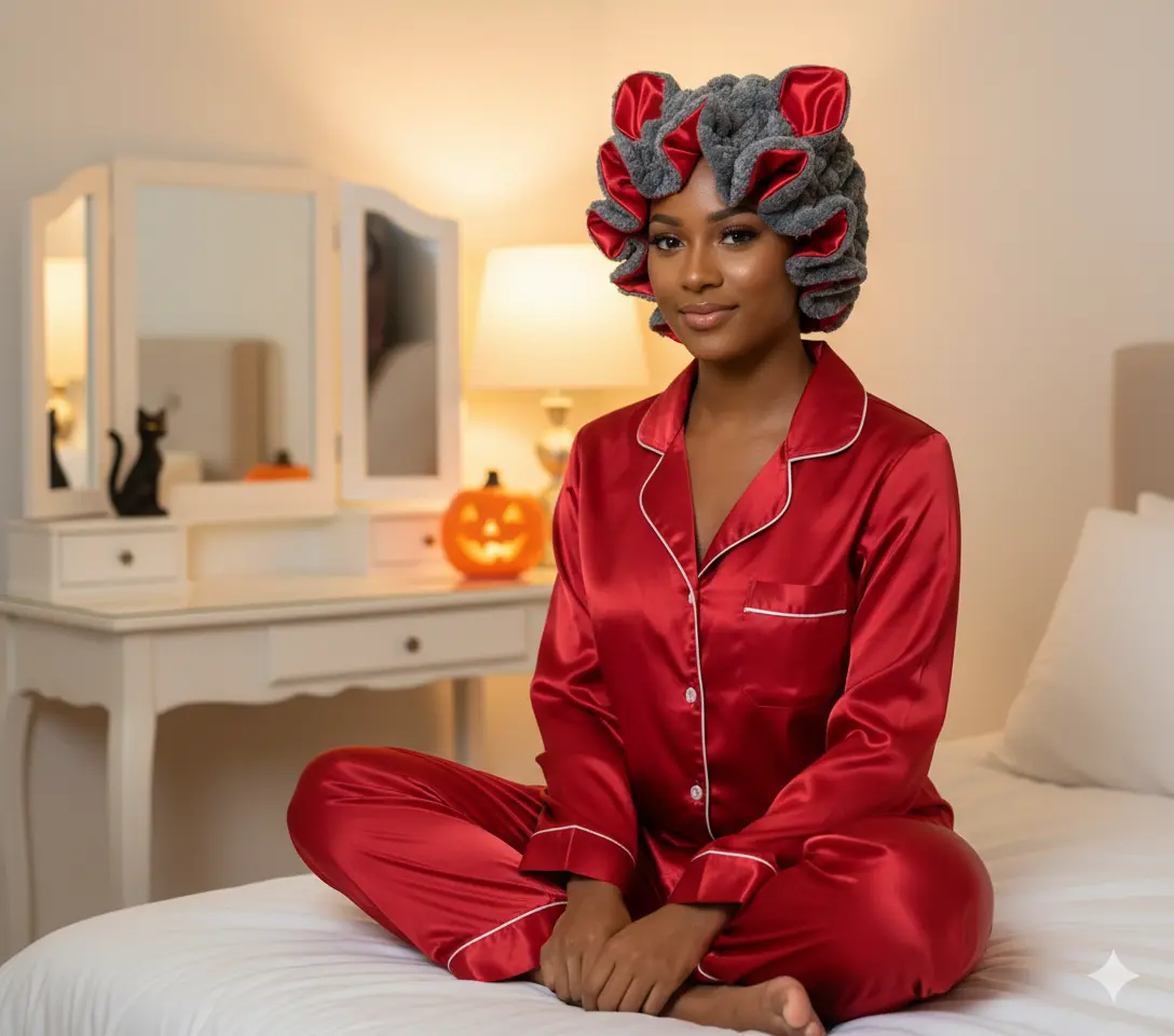 Plush Teddy Bear Heatless Hair Bonnet - Satin Lined, Smooth, Lightweight Hair Cap, Grey & Red Stylish Accessory for Curly Styles, Long & Medium Braids Daily Care