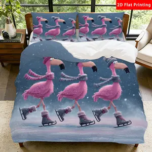 2/3 Pcs 2D Flat Winter Flamingo Duvet Cover Set Flamingo Bedding Set Quilt Cover 1 Duvet Cover + 1/2 Pillowcases Flamingo Top Sheet Decorative Bedding Bedroom Decor