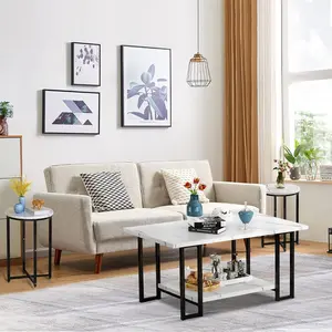 AWQM Coffee Table Set of 3 with Faux Marble Coffee Table, 2 Round End Side Tables, Modern Living Room Table Set, Metal Frame for Apartment Home Office
