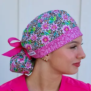 KimKaps Bloomin' Wild Floral Leopard Print Scrub Hat with Pink Ribbons Made in USA 100% Cotton Comfortable for All Shifts