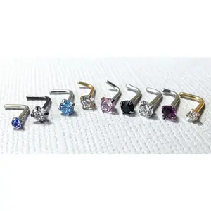 1pc Prong Set Clear CZ Gem 316L Surgical Steel L-Bend Nose Ring