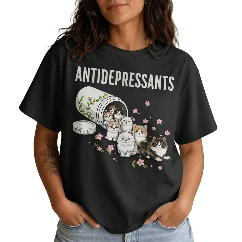 Graphic Tee for Women with Funny Cat Antidepressants Print, Casual Short Sleeve Cotton Top, Lightweight Vibe Style, Plus Size, Shortsleeve, Oversized