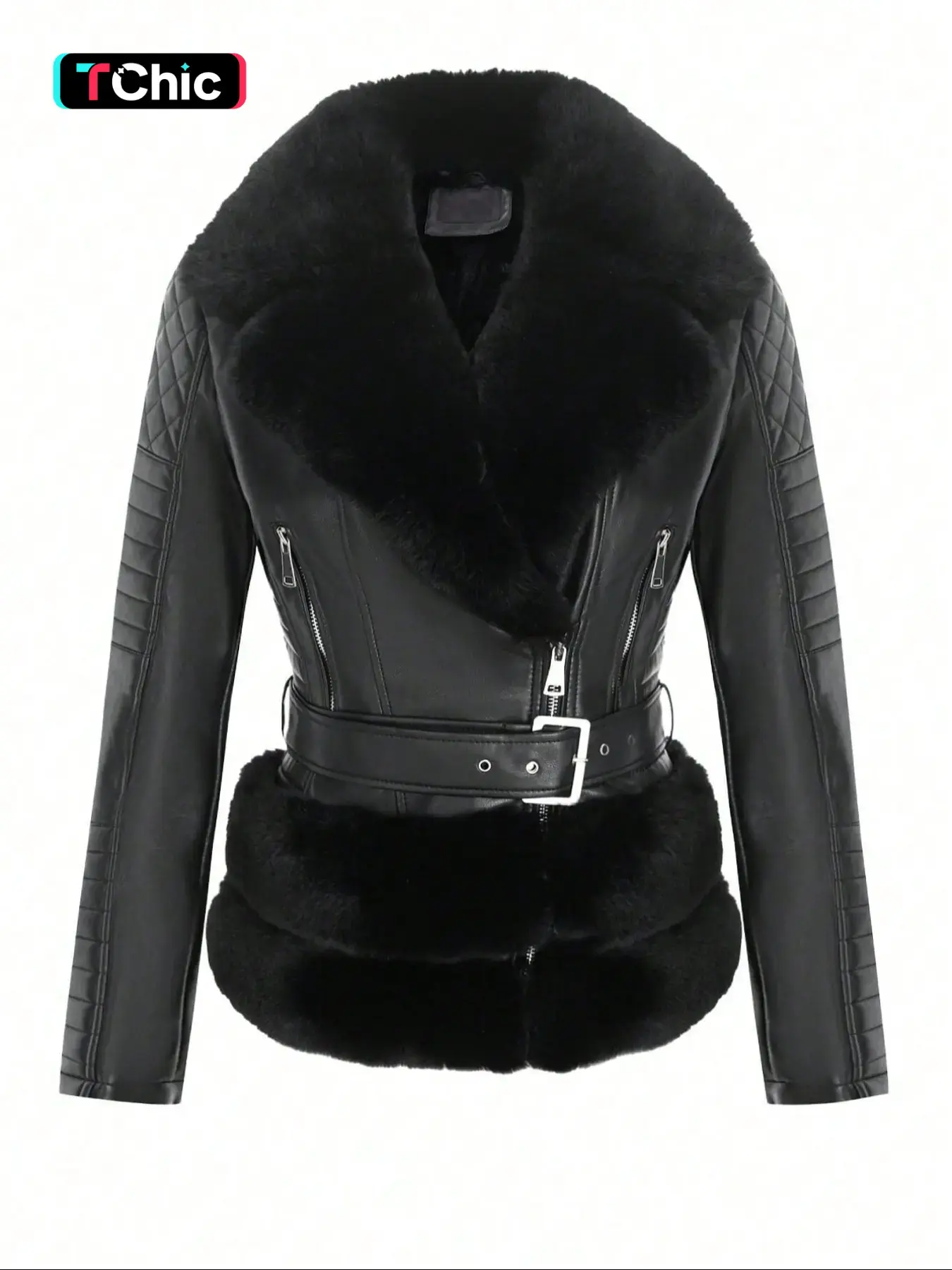 Women's Contrast Faux Fur Belted Coat Jackets, Casual Basic Long Sleeve Zip Up Outerwear for Fall & Winter, Ladies Clothes for Daily Wear, Womenswear