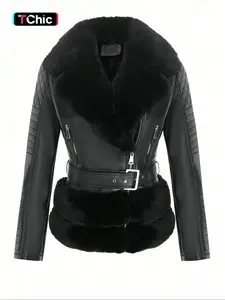 Women's Contrast Faux Fur Belted Coat Jackets, Casual Basic Long Sleeve Zip Up Outerwear for Fall & Winter, Ladies Clothes for Daily Wear, Womenswear