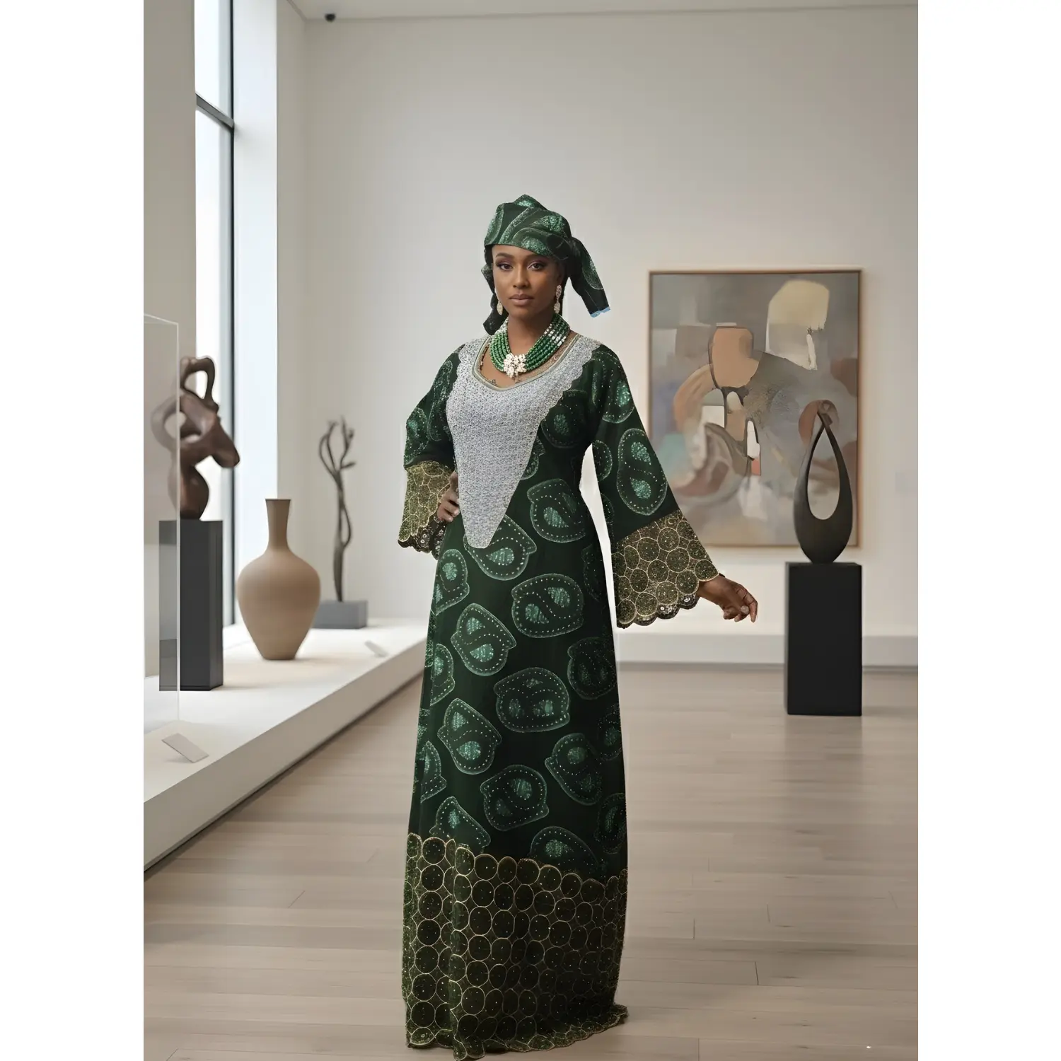 Ọpẹ́ Dress | Emerald Green Beaded Lace African Maxi Boubou
