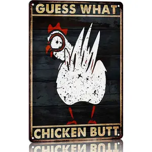 Guess What Chicken Butt Distressed Wood Style 12x8 Inch Aluminum Metal Sign - Retro Rustic Farmhouse Decor, Funny Gift
