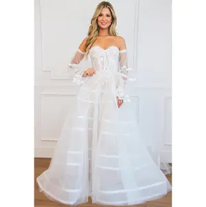 Penelope Detachable Off Shoulder Tulle Lace Bustier Wedding Dress: White/Nude