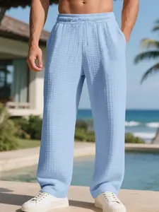 Men's Fall Winter Loose Fit Jacquard Wide Leg Pants, Casual Straight Leg Long Trousers, Comfortable Commuter Style, Made in China