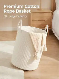58L Large Cotton Rope Laundry Basket - Foldable Woven Storage Bin with Reinforced Handles, Tall Decorative Clothes Hamper for Bathroom, Bedroom, Modern Cream and White Home Supply