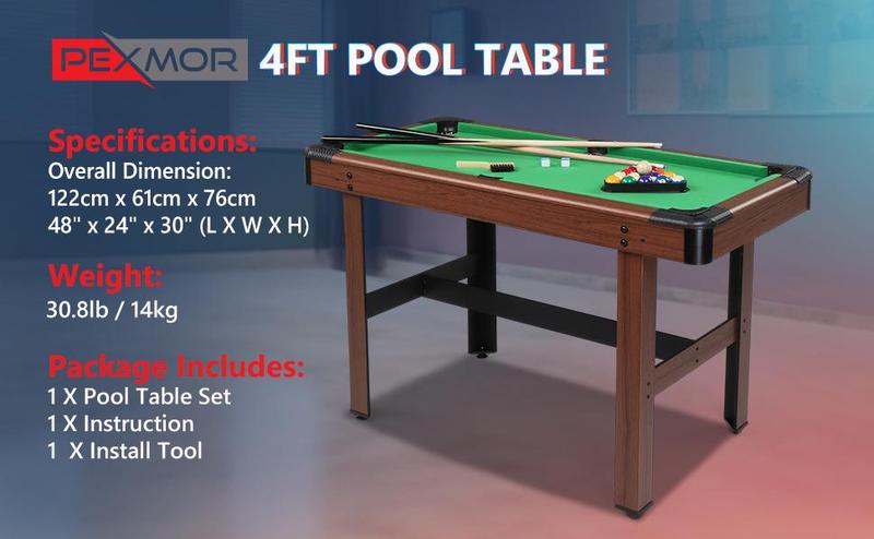 PEXMOR 48" Pool Table, Billiard Game Table for Kids and Adults, Mini Pool Table Set Indoor & Outdoor for Game Room Family with Balls, Cues, Chalk, Brush and Triangle
