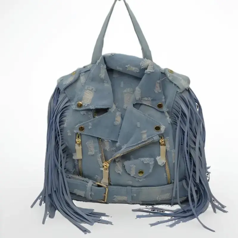 Pink Caramel Light Blue Jean Fringe Back Pack