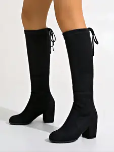 Women's Fashionable Solid Color Heeled Knee Boots, Casual Pointed Toe Boots for Daily Wear, Female All-match Trendy Shoes for Daily Wear, Girl