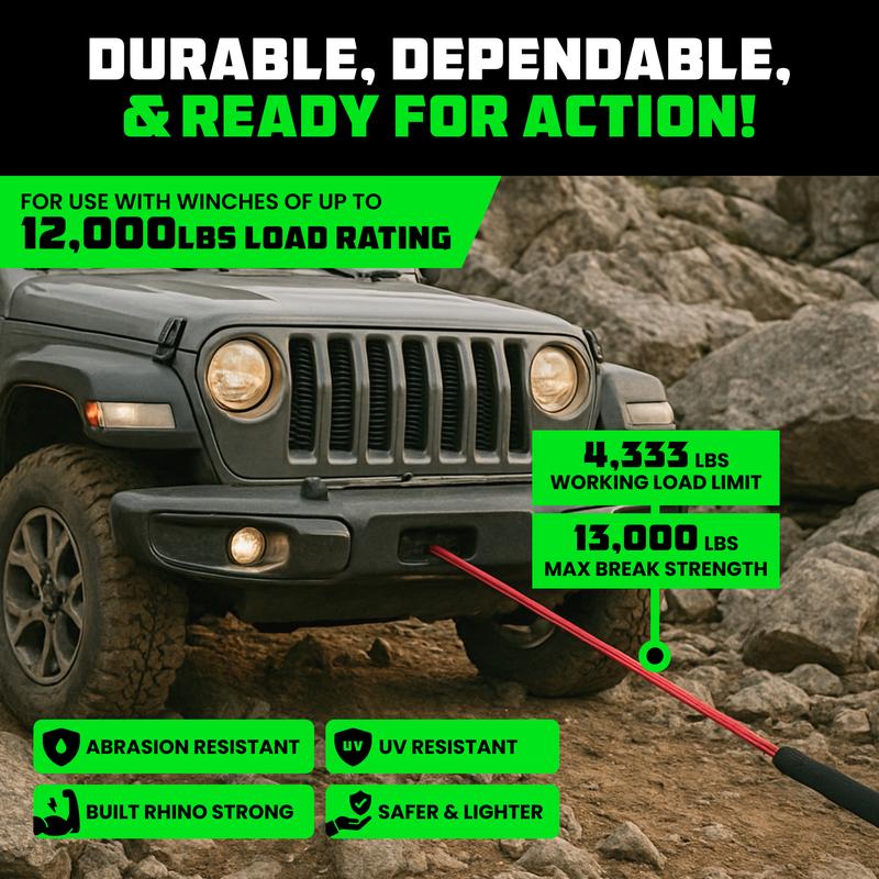 Rhino USA Synthetic Winch Line (3/8" x 94') with Soft Shackle for Jeep Wrangler, Gladiator, 4Runner, 1/2 Ton Pickup Ultimate SUV and Truck Accessories