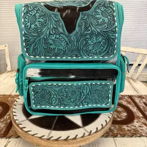 Turquoise Tooled Leather backpack Bag with Cowhide Accents and Floral Embroidery
