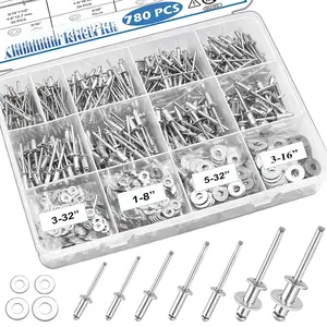 780 count Pop Rivets with Washers Assortment Kit,14 Sizes Pop  Rivets(3/32 1/8 5/32 3/16 1/4 inch) and 4 Sizes washers,Assorted Blind Rivets for DIY/Automotive Repairs/Furniture with Box