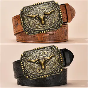 Western Style Cowboy Large Buckle Belt Trend Embossed Leather Cow Head Fashion Smooth Buckle Waist Belt Statement Belts Textured Belt