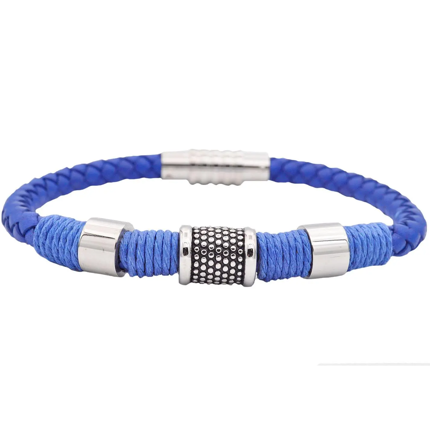 Mens Blue Leather Stainless Steel Bracelet