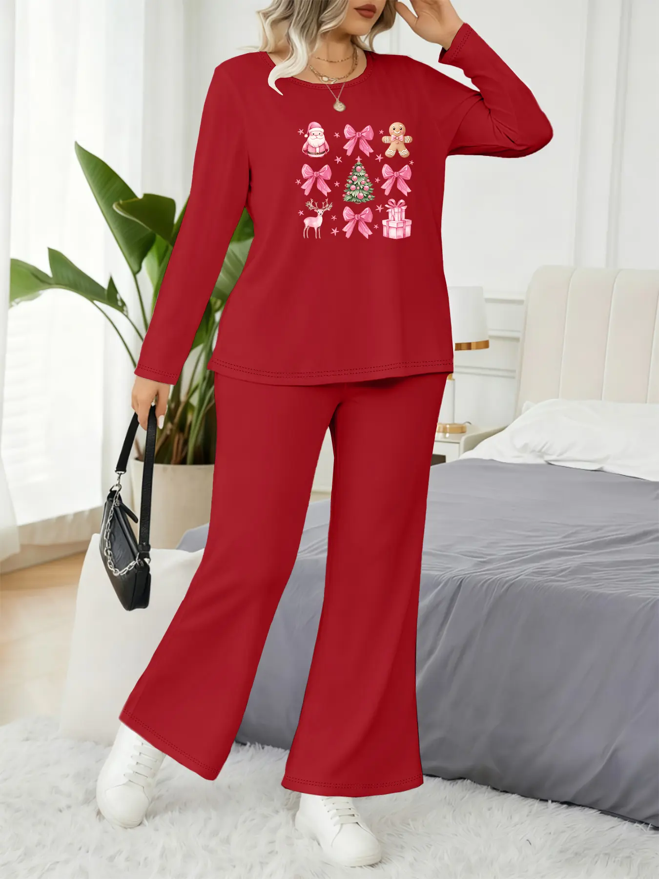 Women's Christmas Long Sleeve Top & Straight Leg Pants Set, Cute Sweet Print, Casual Holiday, All Seasons Wear