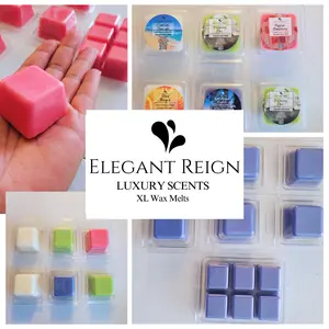 Elegant Reign XL Wax Melt Sample 6 Pack.  Each pack contains six different Smokeless scents that burn up to 36 hours. Simply place one XL wax melts in your favorite Large Wax Warmer and Enjoy the aromatic Journey. Great Gifts Idea for Birthdays and Decor