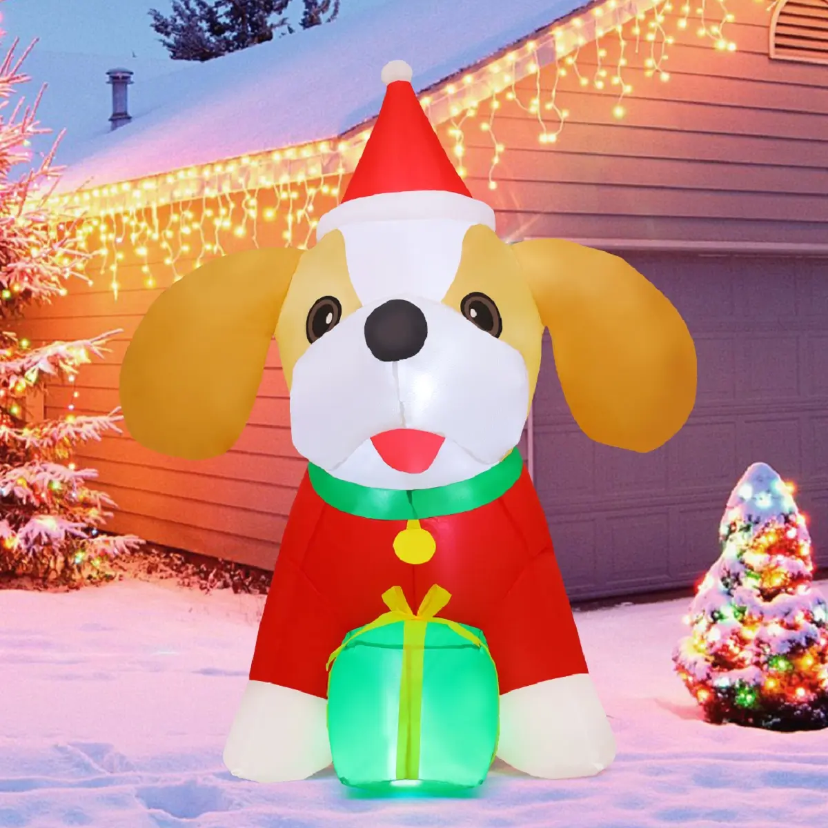COMIN 5 FT Christmas Inflatables Dog Outdoor Decorations Blow Up Yard Gift Box with Built-in LEDs for Indoor Party Garden Lawn Decor Hat Water Proof