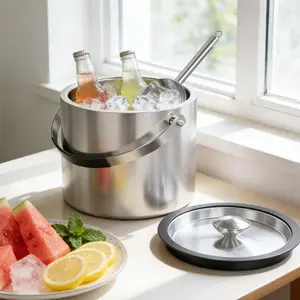 OUTGOODS 3L Double-Wall 304 Stainless Steel Ice Bucket Utensils Set, Insulated Sweat-Proof Ice Tub with Lid, Scoop & Handle, Silver Kitchen Beverage Cooler for Bar, Camping