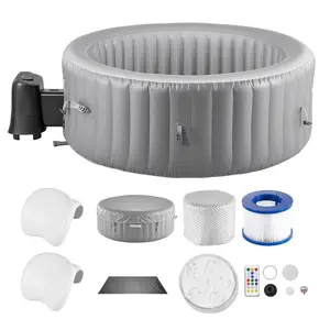 VEVOR Inflatable Hot Tub, 6 to 8 Person Capacity, 94.5x 26in Round Portable Outdoor Spa, with 130 Soothing Jets, Headrest, LED Light, Cover, Multi-function Control Panel, PVC Outdoor Hot Tub, Grey