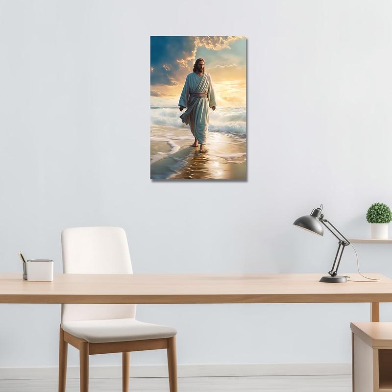 Jesus Picture on Canvas Jesus Walking on the Beach Canvas Picture God Poster Catholic Work of Art for Spiritual Space Wall Decoration Framed (3, 30 x 45 cm)