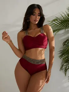 Island Style Seductive Queen Bikini Set, Flame Silk with Chain Decor, Beachwear Swimwear for Women