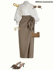 Two piece high-end fashion Casual shirt half skirt set, white V-neck shirt, khaki twisted half skirt for women, suitable for all seasons, suitable for vacation, indoor and outdoor wear Outfit Sets Women